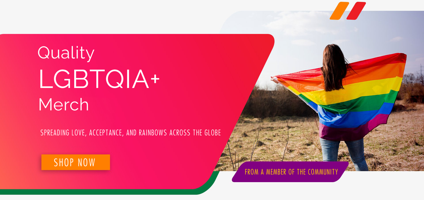 "Quality LGBTQIA+ Merch. Spreading Love, Acceptance, and Rainbows across the Globe! From A Member Of the Community" Girl holding rainbow pride flag enjoying a bueatifull day